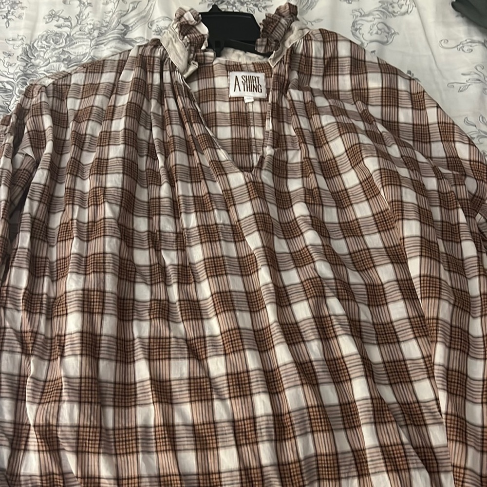 A shirt thing plaid shirt with ruffle collar. Cotton.